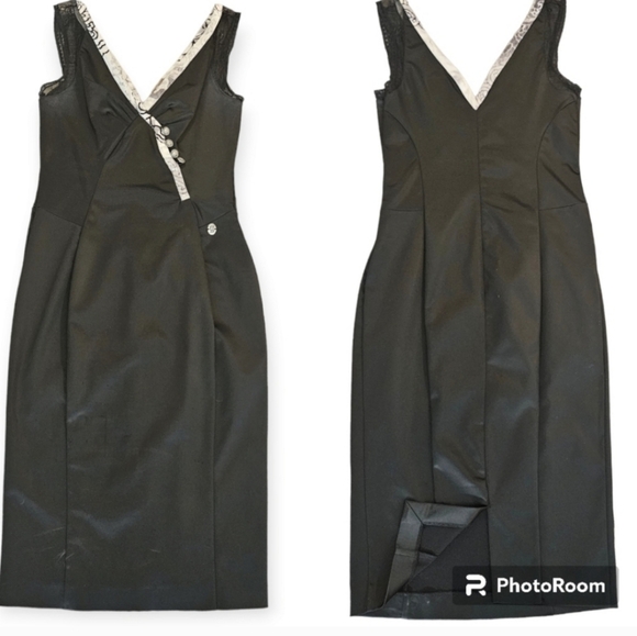 John Galliano Vintage Black Pencil Fitted satin sleevless V-neck Cocktail Dress - Picture 2 of 16